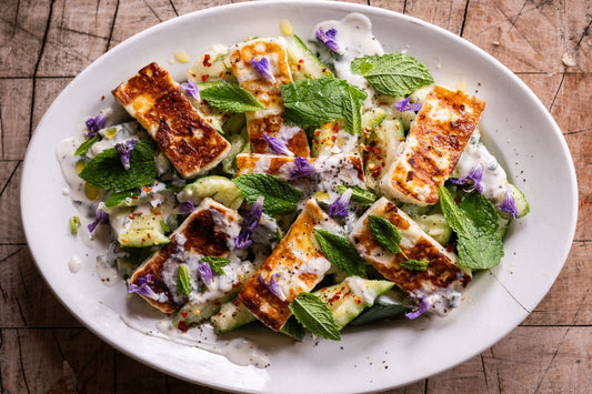 Smashed Cucumber with Halloumi & Tahini Dressing | From the Farm Kitchen, by Abby Allen