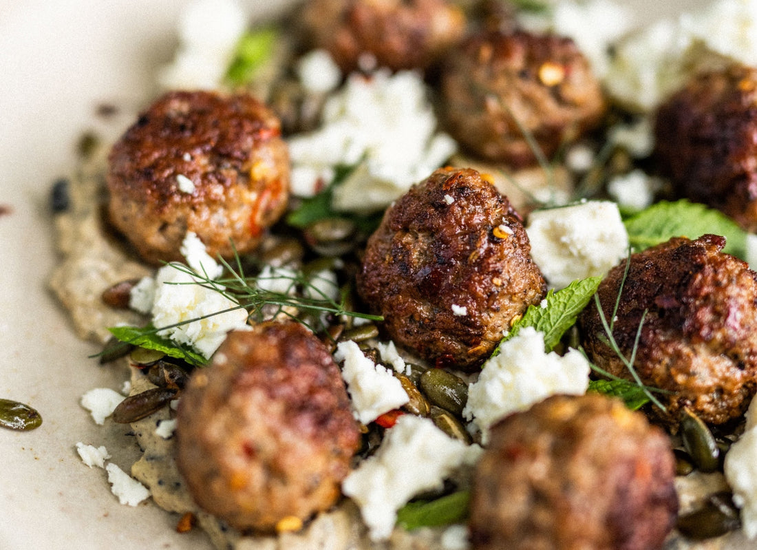 Lamb Meatballs with Baba Ganoush & Fresh Sheep's Cheese Recipe | Abby Loves